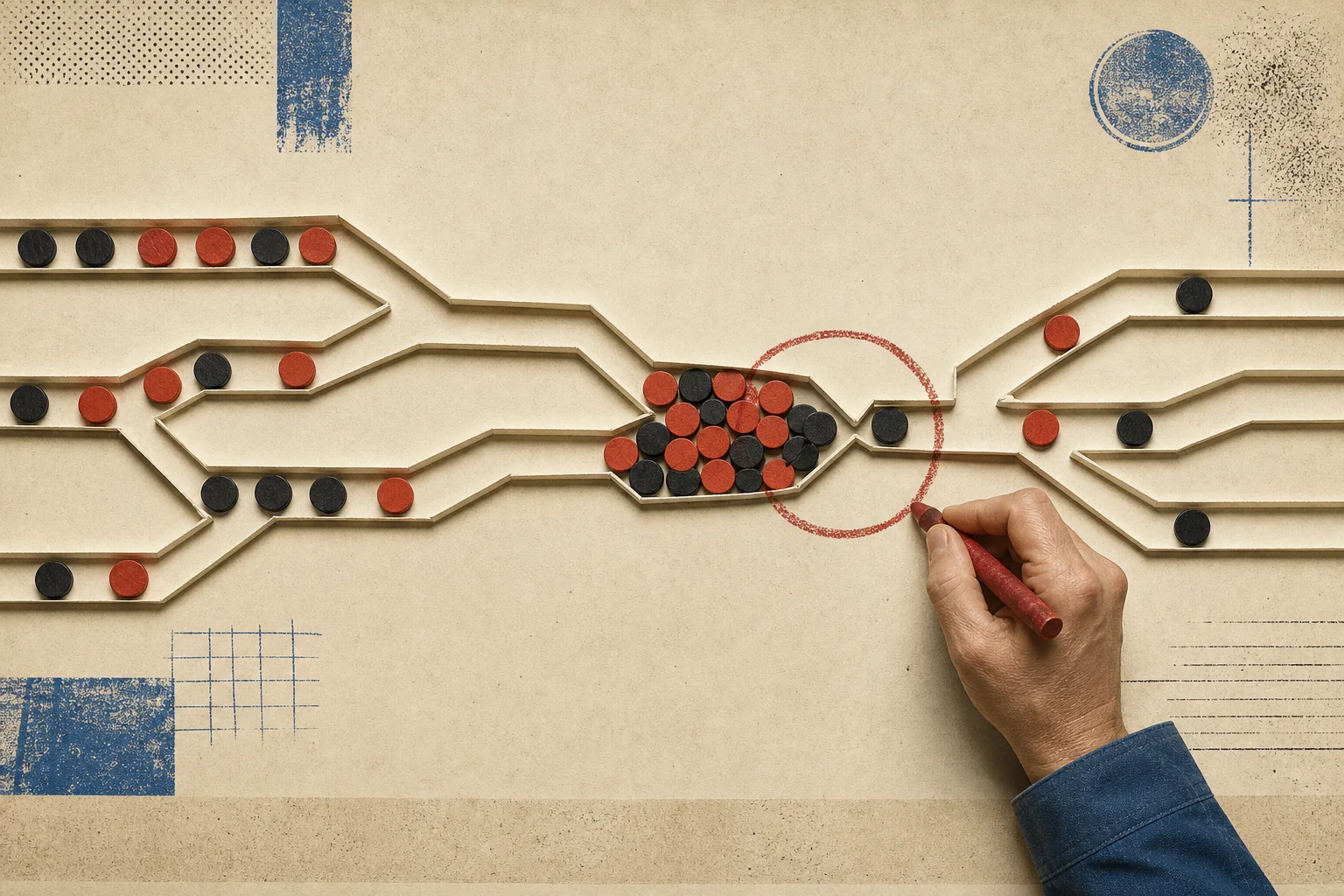 Black and red tokens pile up at a narrow point in a paper channel while a hand circles the blockage