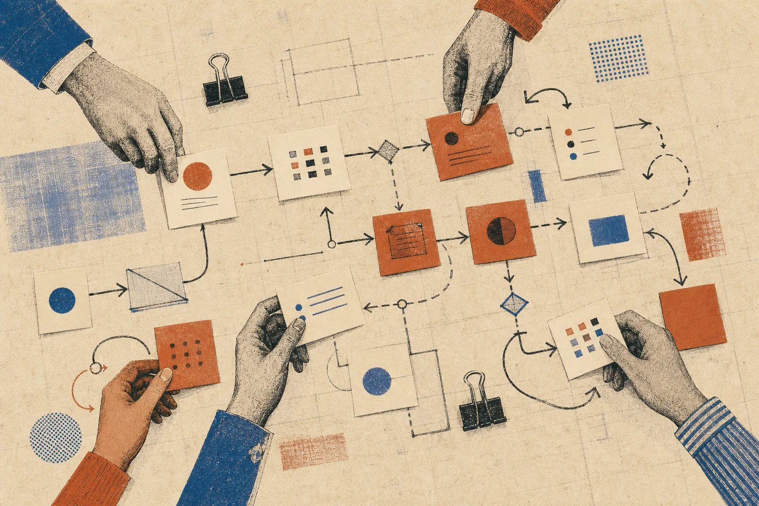 Hands arrange paper cards along a branching, hand-drawn workflow